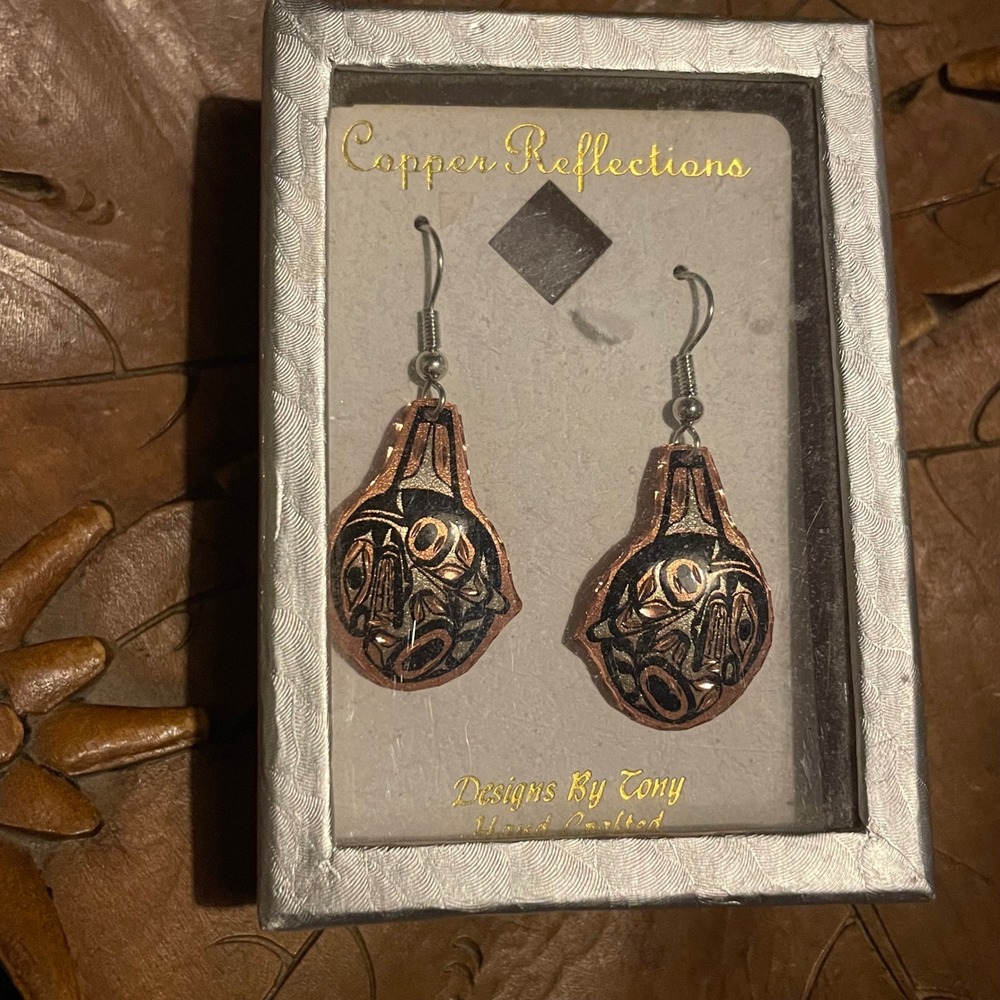 Copper Reflections Handcrafted Tribal Etched Copper Drop Earrings Surgical Steel